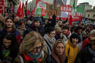 Protesters march in Milan to protest the presence of ICE agents at the upcoming Winter Olympics